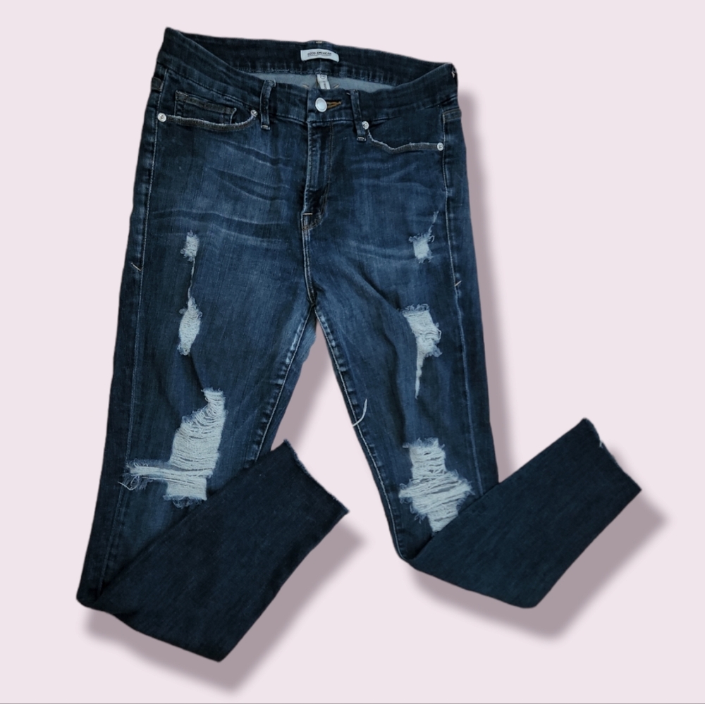 Good American Dark Wash High Rise Ripped Skinny Jeans